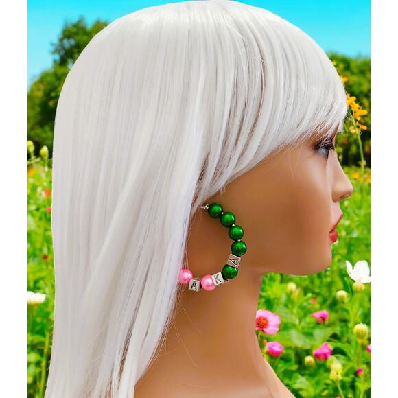 AKA Alpha Kappa Alpha Earrings Small Hoops Pink and Green - Picture 4 of 6